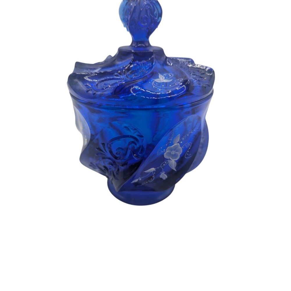 Fenton Glass HP Artist Signed Cobalt Blue Paisley Swirl Candy Jar & Lid - Picture 14 of 16